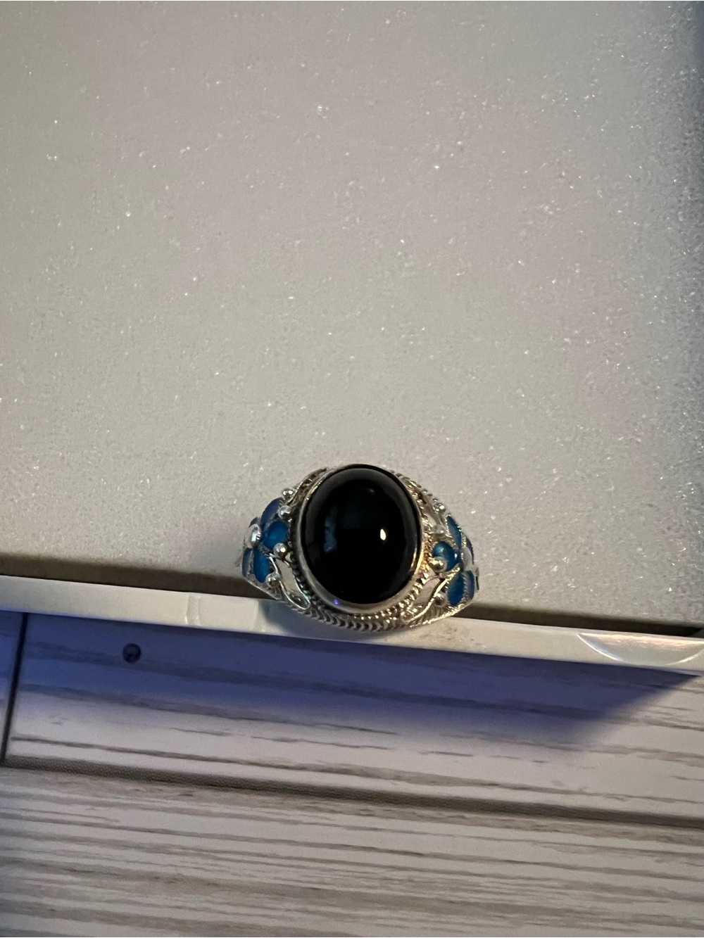 Vintage Sterling Silver Black Onyx Ring with Blue Enamel Flowers
